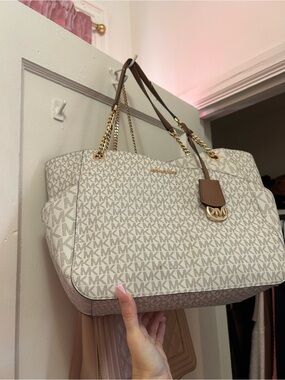 Michael Kors White/Beige Logo Tote with Brown Trim